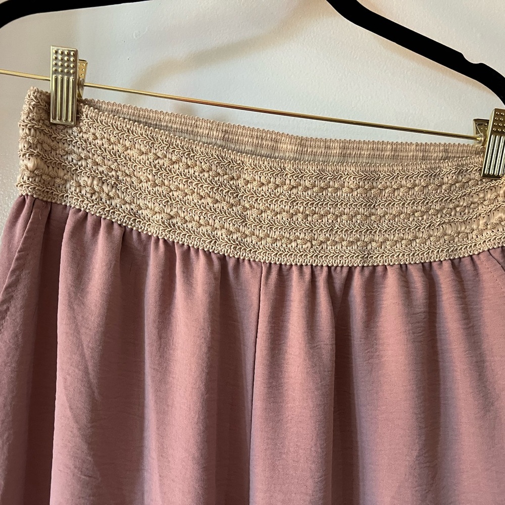 Misia Dusty Pink Pull on Pants, straight legs, with Cream Crochet Waistband